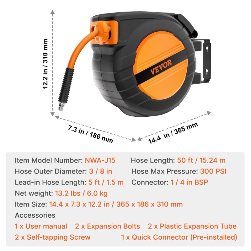 Sisäänkelautuva paineilmaletkukela 3/8-tuuma 15,24 m hybridi-polymeeriletku 300 PSI polypropeenikotelo