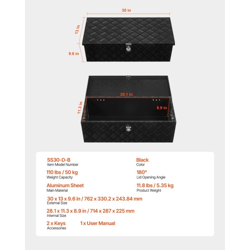 Työkalulaatikko alumiininen 762x330x244 mm musta sivukahvalla lukittava lavalle perävaunuun