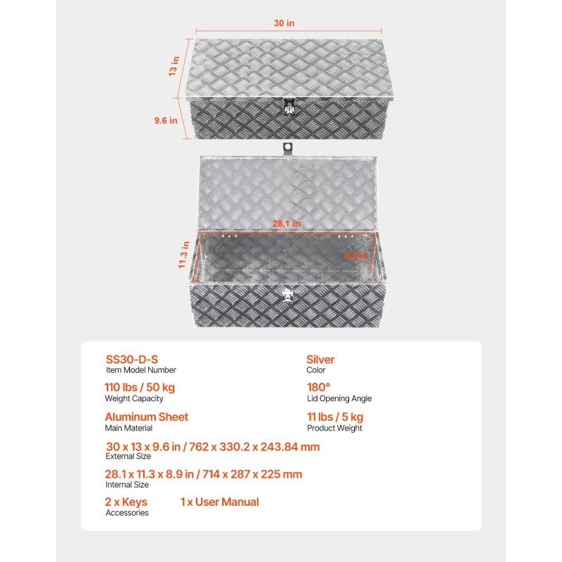 Työkalulaatikko alumiininen 30×13×9,6 tuumaa lukolla sivukahvoilla hopea