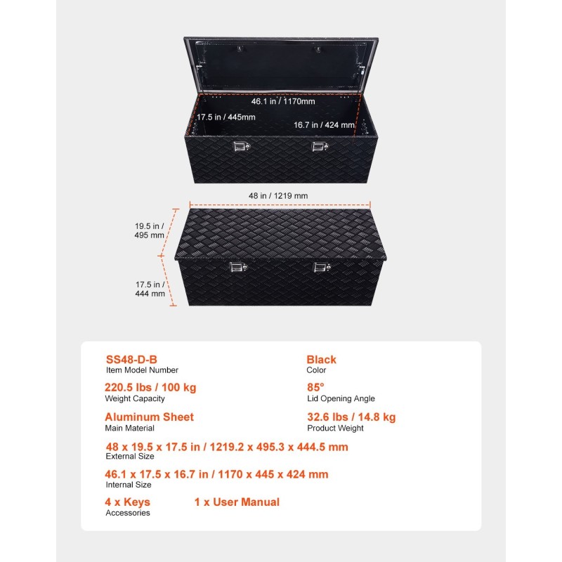 Alumiininen raidallinen työkalulaatikko lava-autoon 1219×495×445 mm lukolla sivukahvalla musta