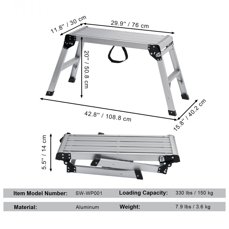 Taitettava alumiininen työalusta 150 kg kantavuus 50,8 cm korkeus luistamaton pinta