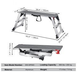 Taitettava alumiininen työalusta kantavuus 200 kg korkeus 48,7 cm liukuestejalat