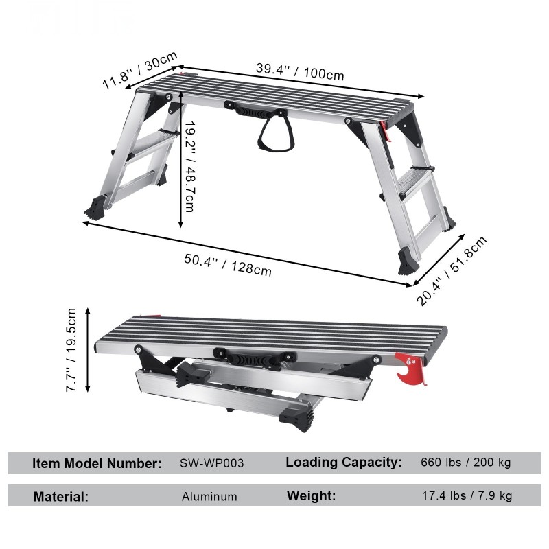 Taitettava alumiininen työalusta kantavuus 200 kg korkeus 48,7 cm liukuestejalat