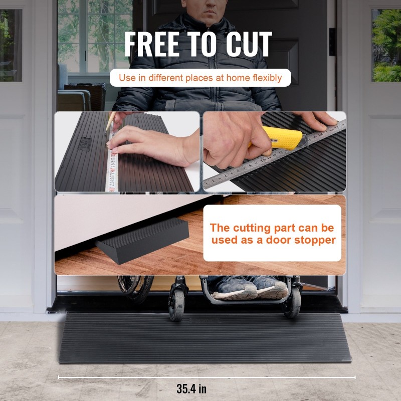 Leikattava täyskuminen kynnysluiska yhdeksänkymmentä senttimetriä pitkä kolme senttimetriä korkea luistamaton