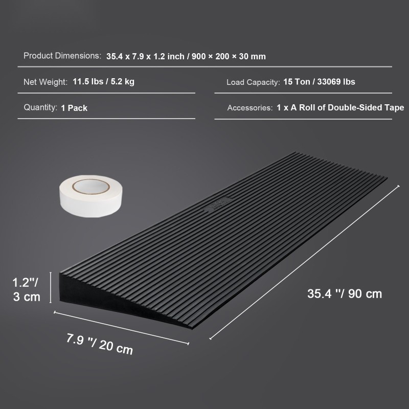 Leikattava täyskuminen kynnysluiska yhdeksänkymmentä senttimetriä pitkä kolme senttimetriä korkea luistamaton