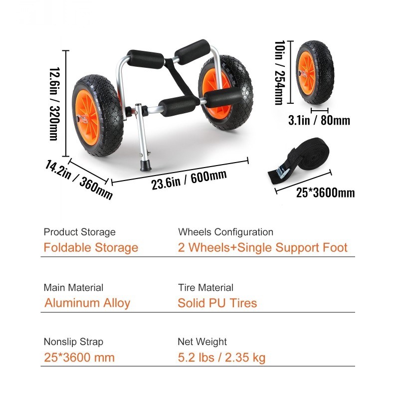 Kajakki- ja kanootinkuljetuskärry alumiinirunko 113,4 kg kantavuus 25,4 cm täyskumirenkaat taitettava