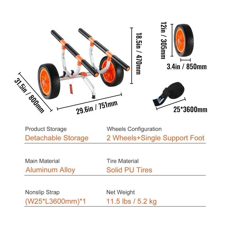Kajakkikärry alumiiniseosrunko 204,1 kg kantavuus 30,5 cm kiinteät renkaat säädettävä leveys