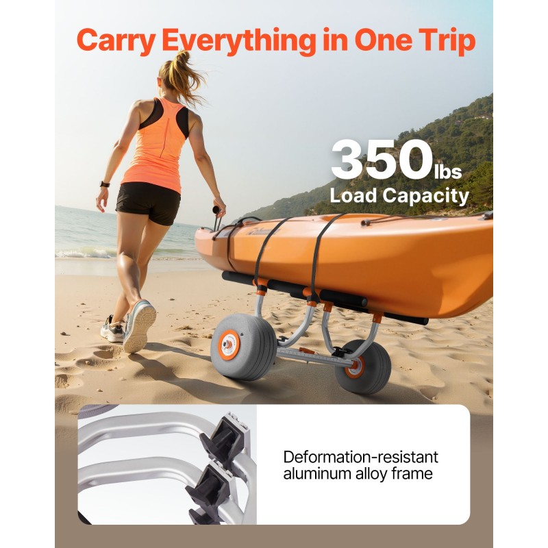 Kajakkikärry alumiiniseosrunko 158,8 kg kantavuus 30,5 cm puhallettavat polyuretaanirenkaat kaksi sidontaliinaa