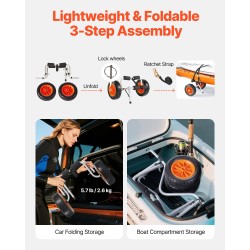 Taitettava alumiinikajakkikärry 90 kg kantavuus 25,4 cm täydenkumin renkaat kajakeille