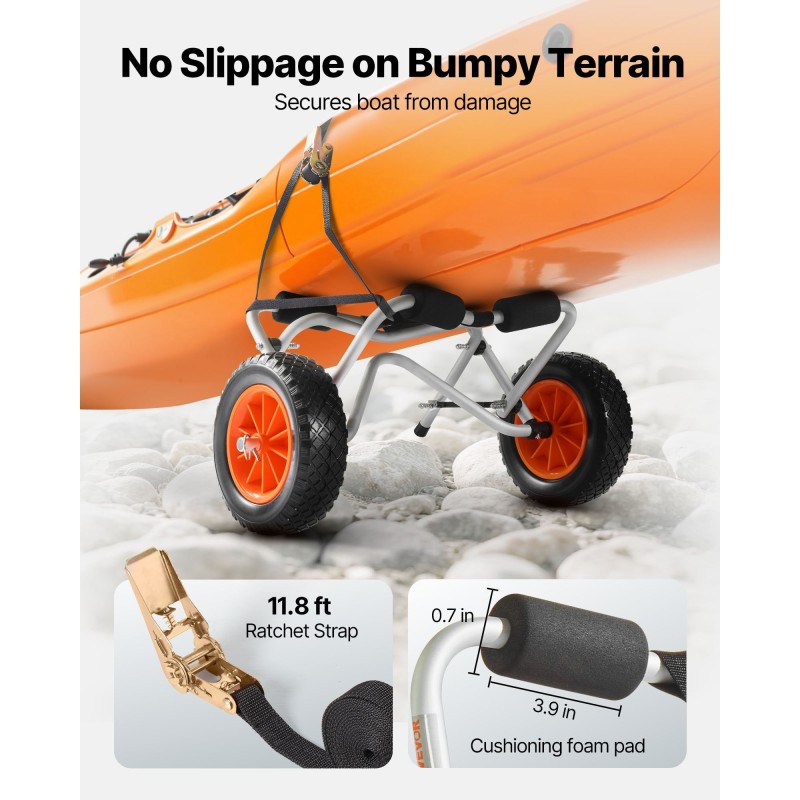 Kajakkikärry alumiinirunkoinen taittuva 113,4 kg kantavuudella 25,4 cm täyskumarenkailla ja räikkäkiristyshihnalla