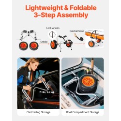 Kajakkikärry alumiinirunkoinen taittuva 113,4 kg kantavuudella 25,4 cm täyskumarenkailla ja räikkäkiristyshihnalla