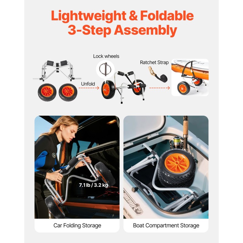 Kajakkikärry alumiinirunkoinen taittuva 113,4 kg kantavuudella 25,4 cm täyskumarenkailla ja räikkäkiristyshihnalla