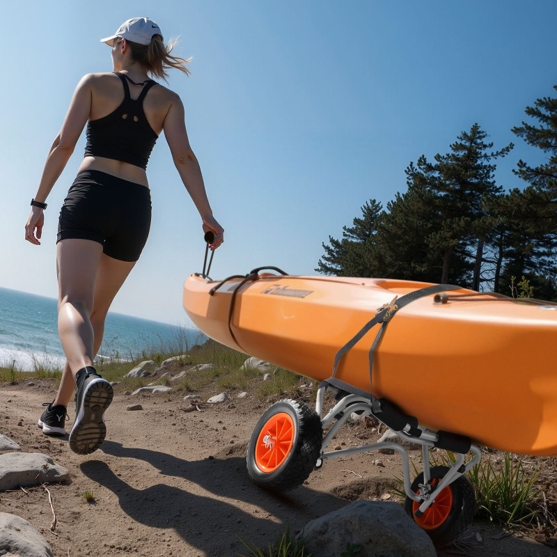 Kajakkikärry alumiinirunkoinen taittuva 113,4 kg kantavuudella 25,4 cm täyskumarenkailla ja räikkäkiristyshihnalla