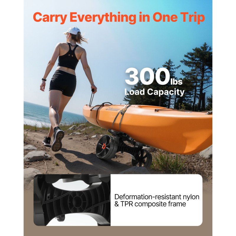 Taitettava kajakkikärry 136,1 kg kantavuus 25,4 cm täyskumirenkaat räikkäkiristysliina