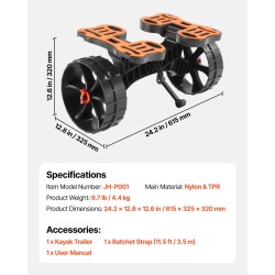Taitettava kajakkikärry 136,1 kg kantavuus 25,4 cm täyskumirenkaat räikkäkiristysliina