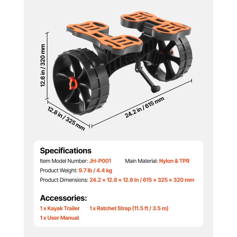 Taitettava kajakkikärry 136,1 kg kantavuus 25,4 cm täyskumirenkaat räikkäkiristysliina