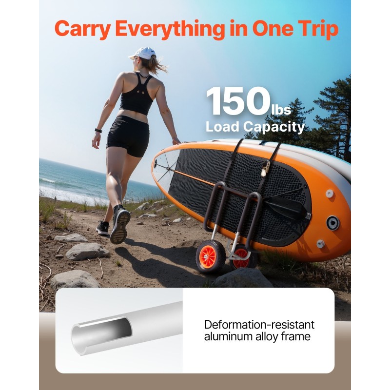 Kajakkikärry alumiiniseosrunko 68 kg kantavuus täyskumirenkaat 25 cm räikkäkiristyshihna SUP-laudoille ja surffilaudoille