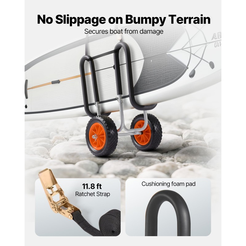 Kajakkikärry alumiiniseosrunko 68 kg kantavuus täyskumirenkaat 25 cm räikkäkiristyshihna SUP-laudoille ja surffilaudoille