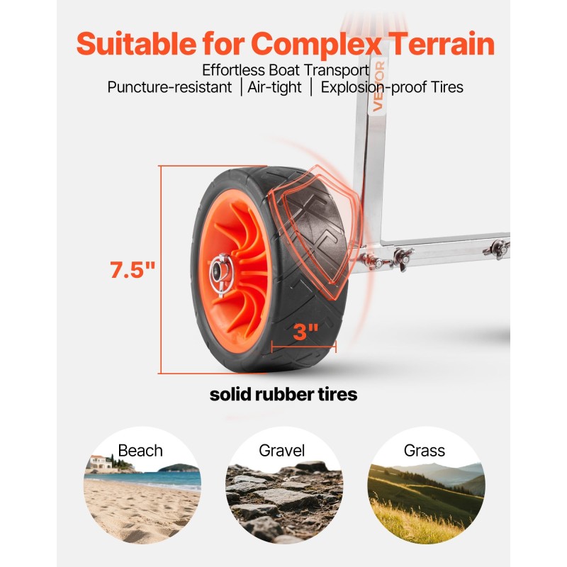 Kajakki ja SUP-kärry 304-ruostumaton teräsrunko 113,4 kg kantavuus 19,1 cm täyskumirenkaat