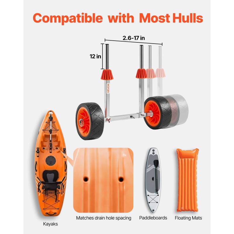 Kajakki ja SUP-kärry 304-ruostumaton teräsrunko 113,4 kg kantavuus 19,1 cm täyskumirenkaat