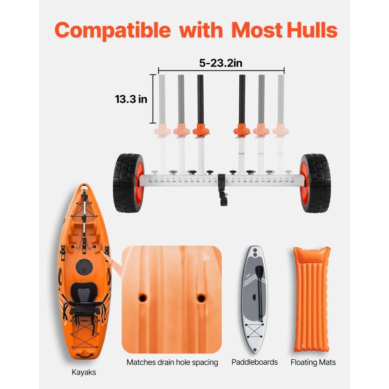 Kajakki kanootti SUP-lauta kärry alumiiniseosrunko 104 kg kantavuus umpinaiset 25,4 cm renkaat