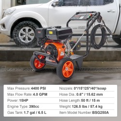 Korkeapainepesuri bensiinimoottorinen 390cc 4400 PSI 4.0 GPM kuparipumppu 5 suutinta