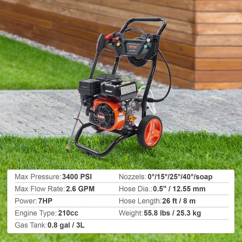 Bensiinikäyttöinen painepesuri 3400 PSI 2,6 GPM 5 pikaliitettävää suutinta