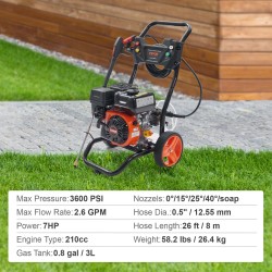 Korkeapainepesuri bensiinikäyttöinen 3600 PSI 2,6 GPM kuparipumppu 210cc 5 suutinta