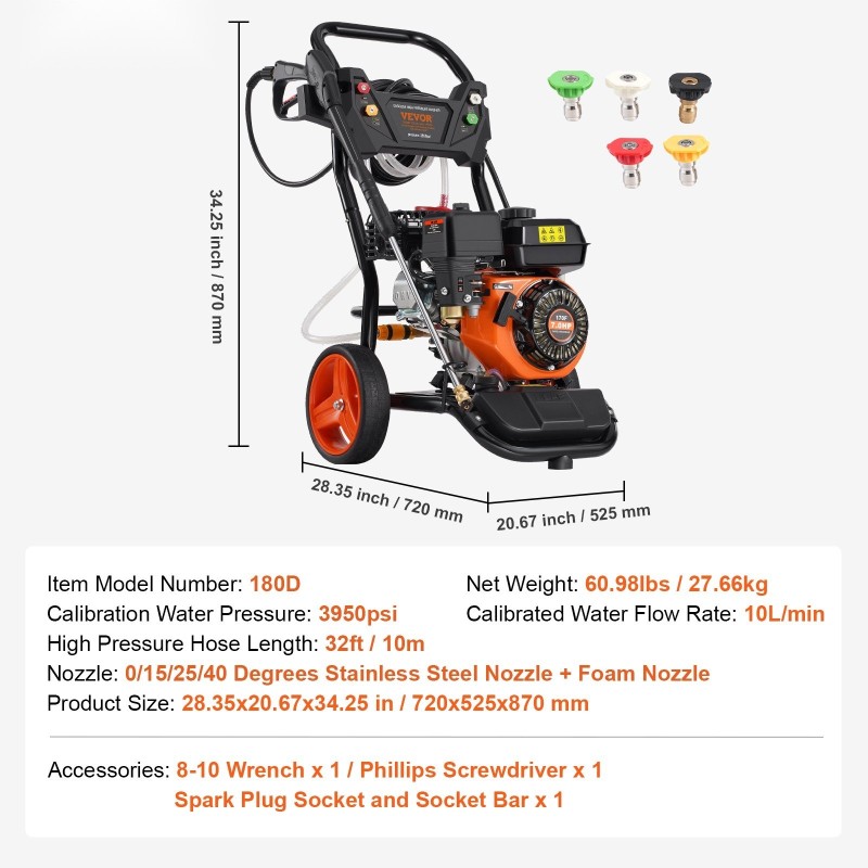 Bensiinikäyttöinen korkeapainepesuri 3950 psi 10 l/min 10 m letku 5 suutinta