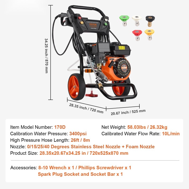 Korkeapainepesuri bensiinamoottorilla 3400 psi 10 l/min alumiinipumppu 5 suutinta