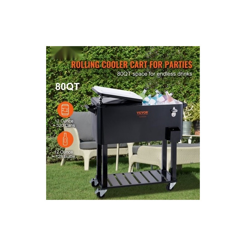 Liikuteltava juomajäähdytin 75,7 l teräsrunko musta pyörillä pullonavaajalla