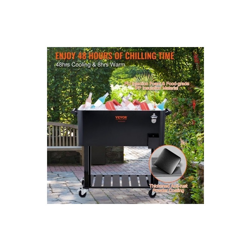 Liikuteltava juomajäähdytin 75,7 l teräsrunko musta pyörillä pullonavaajalla