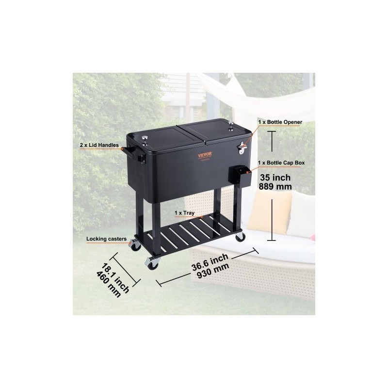 Liikuteltava juomajäähdytin 75,7 l teräsrunko musta pyörillä pullonavaajalla