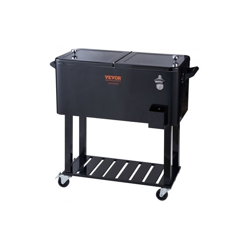 Liikuteltava juomajäähdytin 75,7 l teräsrunko musta pyörillä pullonavaajalla