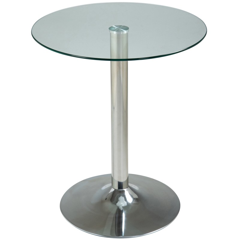 Tyylikäs pyöreä lasipöytä kromirungolla ruokailuun ja sivupöydäksi