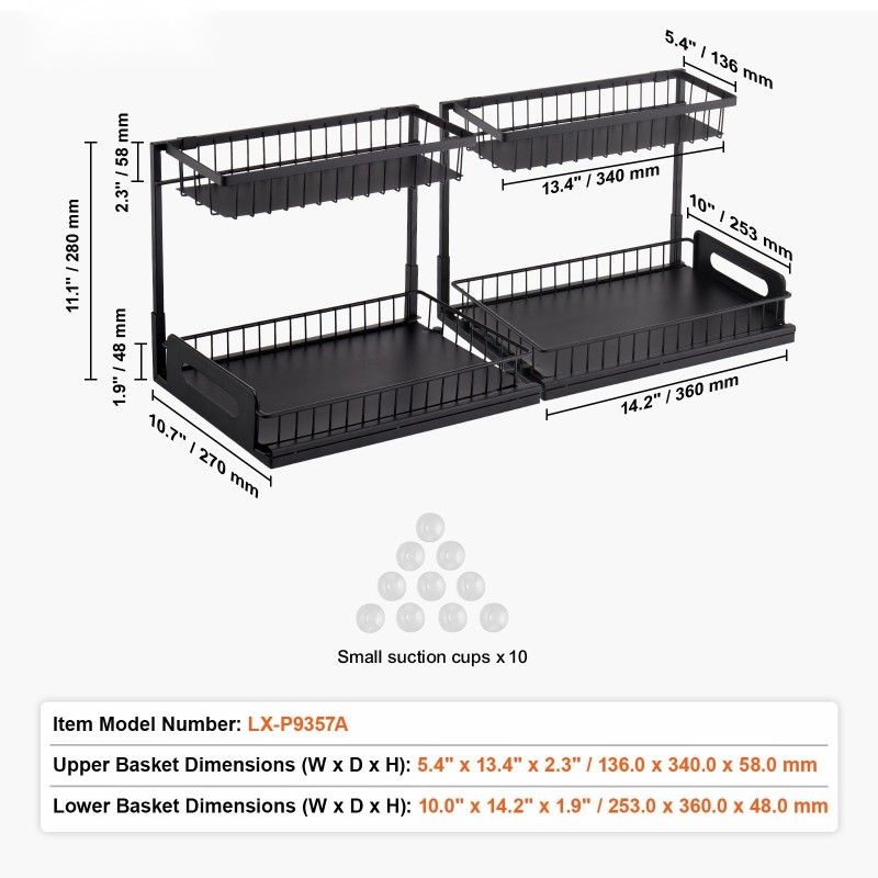 Kaksitasoinen teräs ulosvedettävä kaapinjärjestäjä kaksi kappaleen pakkaus keittiöön ja kylpyhuoneeseen
