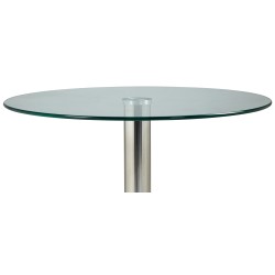 Tyylikäs pyöreä lasipöytä kromirungolla ruokailuun ja sivupöydäksi