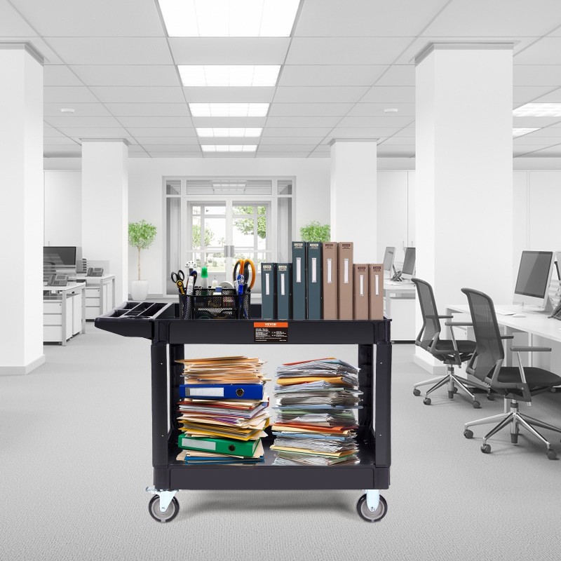 Palveluvaunu PP-muovinen 2-tasoinen 550 lbs kantavuus 5 tuuman pyörillä 2 jarrulla