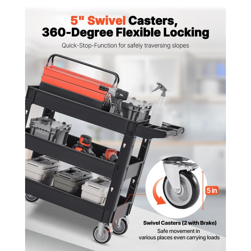 3-tasoinen polypropeeninen apukärry 550 paunan kantavuus 5-tuumaiset kääntyvät pyörät joista kaksi jarrullista