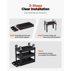 3-tasoinen polypropeeninen apukärry 550 paunan kantavuus 5-tuumaiset kääntyvät pyörät joista kaksi jarrullista