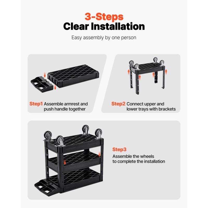 3-tasoinen polypropeeninen apukärry 550 paunan kantavuus 5-tuumaiset kääntyvät pyörät joista kaksi jarrullista