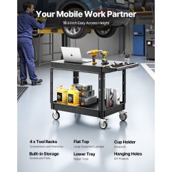 Muovinen kaksitasoinen huoltokärry 940x645 mm hyllyillä 250 kg siivous- ja varastokäyttöön