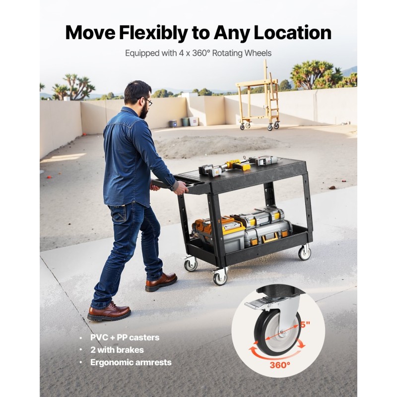 Muovinen kaksitasoinen huoltokärry 940x645 mm hyllyillä 250 kg siivous- ja varastokäyttöön