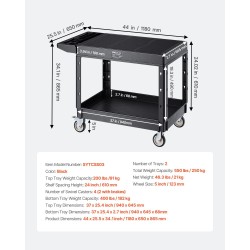 Muovinen kaksitasoinen huoltokärry 940x645 mm hyllyillä 250 kg siivous- ja varastokäyttöön