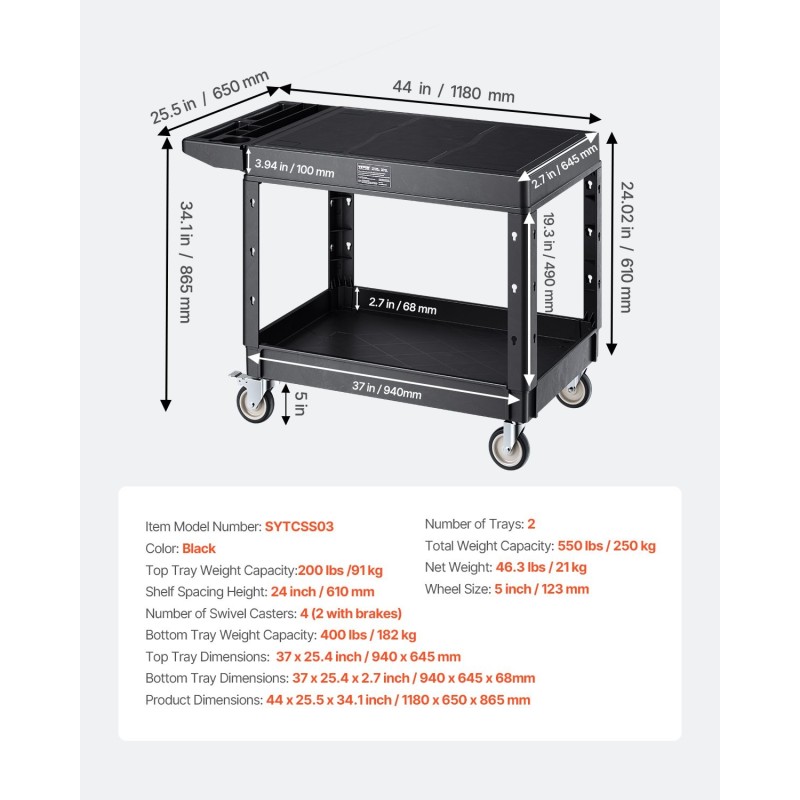 Muovinen kaksitasoinen huoltokärry 940x645 mm hyllyillä 250 kg siivous- ja varastokäyttöön
