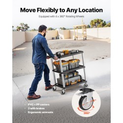 Kolmitasoinen muovinen huoltovaunu 3 hyllyä 136 kg kantavuus