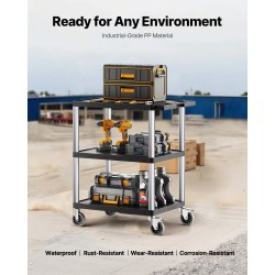 Kolmitasoinen muovinen huoltovaunu 3 hyllyä 136 kg kantavuus