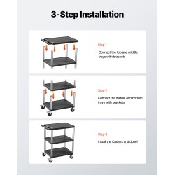 Kolmitasoinen muovinen huoltovaunu 3 hyllyä 136 kg kantavuus