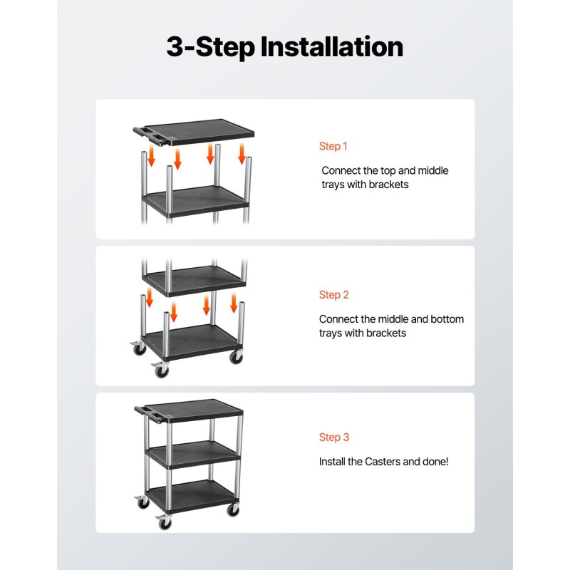 Kolmitasoinen muovinen huoltovaunu 3 hyllyä 136 kg kantavuus