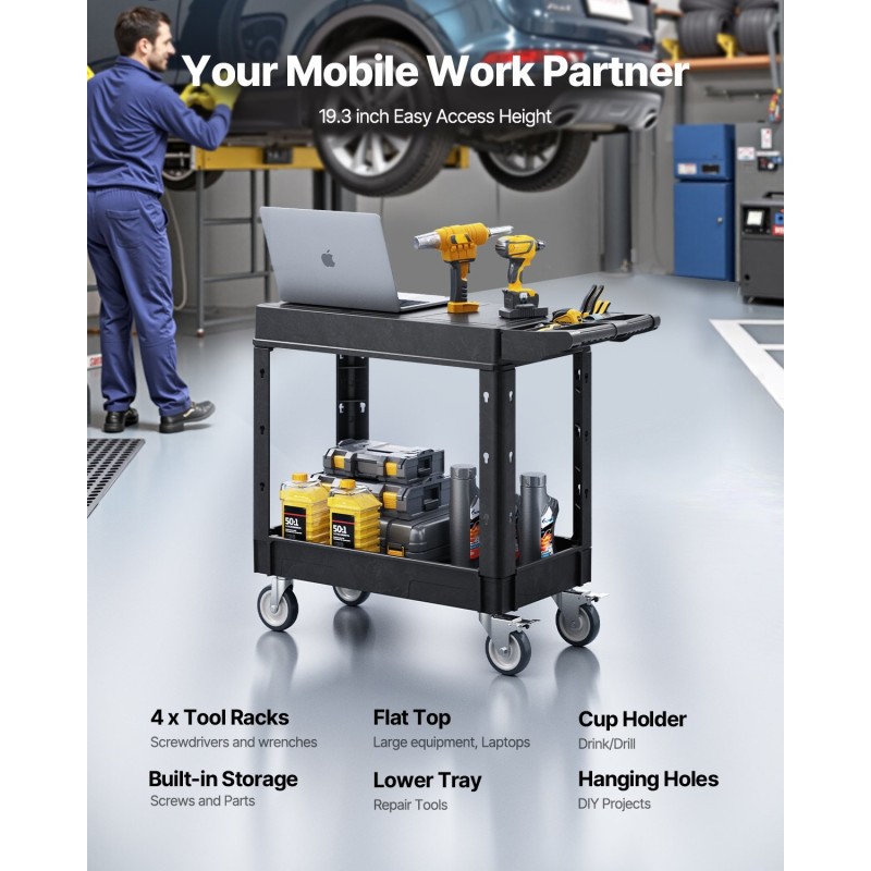 Muovinen kaksitasoinen apukärry 250 kg kantavuus 4 pyörää 2 jarrulla
